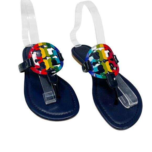 TORY BURCH Navy Blue Rainbow Stripe Miller Logo Patent Leather Sandals Size 6.5 - Picture 1 of 9